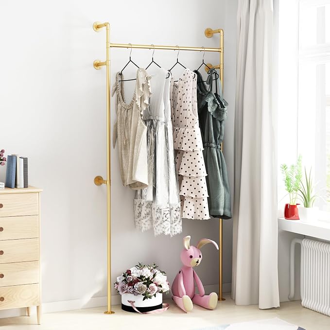 ORSENIGO Industrial Pipe Clothing Rack, Heavy Duty Clothes Rack for Hanging Clothes, Wall Mounted Display Garment Rack for Home Retail Boutique (Single, Gold)
