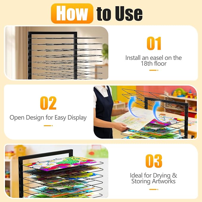 Art Drying Rack for Classroom – 18 Removable Shelves, Mobile Rolling Metal Painting Drying Rack with Locking Casters, Paint Rack for Art Studio, School & Home