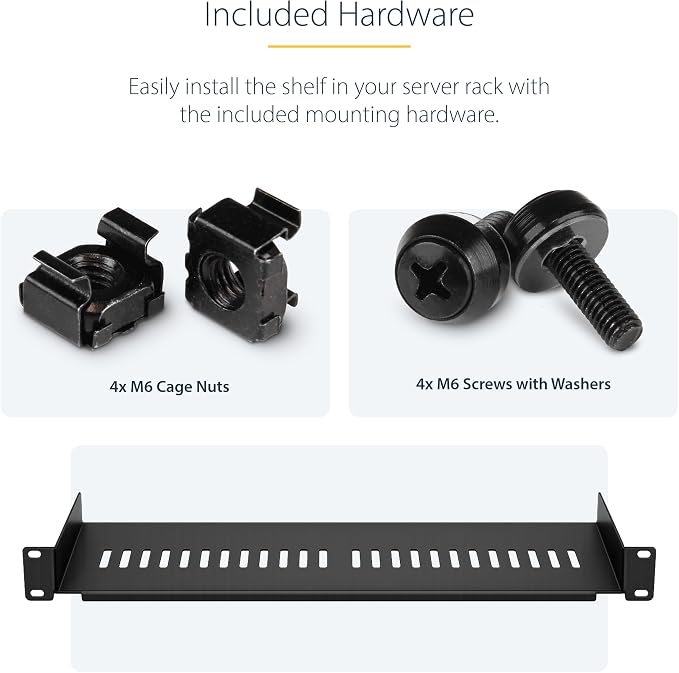 StarTech.com 1U Server Rack Shelf - Universal Vented Rack Mount Cantilever Tray for 19" Network Equipment Rack & Cabinet - Heavy Duty Steel - Weight Capacity 44lb/20kg - 7" Deep Shelf (CABSHELF1U7V)