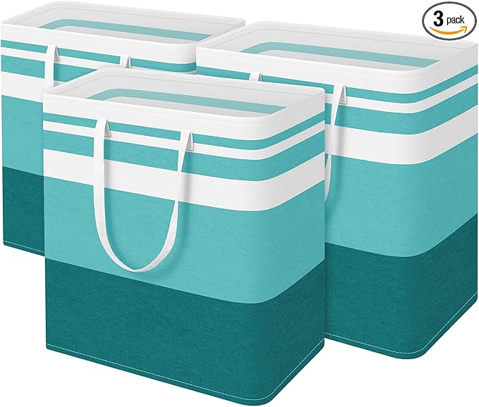 BlissTotes 3-Pack Laundry Basket, Collapsible Laundry Hamper, Green, 125L | Laundry Clothes Hamper, Hampers for Bedroom, Freestanding Hamper with Handles, Clothes Laundry Basket