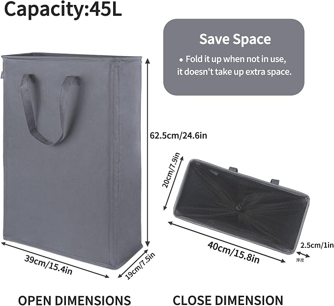 Odonata Slim Laundry Hamper Handles Collapsible Laundry Basket Thin Dirty Clothes Basket Narrow Laundry Bag Foldable Dirty Hamper 45L (Dark Grey)