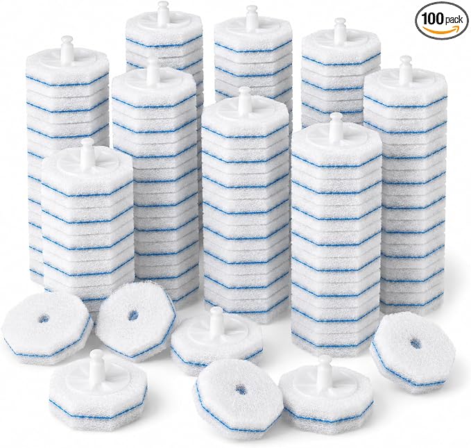 100 pack disposable toilet brush refills compatible with Clorox toilet brushes, water-activated foam, secure snap-on fit, non-scratch cleaning pads, hygienic disposable brush heads