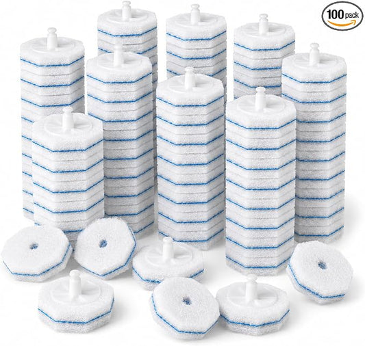 100 pack disposable toilet brush refills compatible with Clorox toilet brushes, water-activated foam, secure snap-on fit, non-scratch cleaning pads, hygienic disposable brush heads