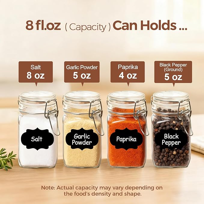 ComSaf Square Small 8 oz Glass Spice Jars with Airtight Lids 6 Pack Pantry | Jams herbs, Overnight oats, Pickling favors, Labels included, Funnel included, Pantry organization, Sourdough pickling