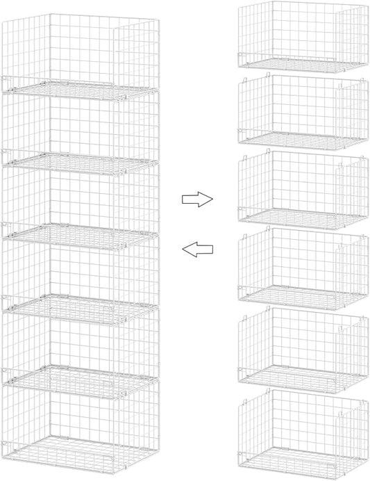 Huxitocan 6-Tier Stackable Closet Organizers and Storage Basket - Foldable Closet Shelf Organizer System, Sturdy Metal Space-Saving Clothes Storage Bins for Wardrobe, White(Patent Pending)