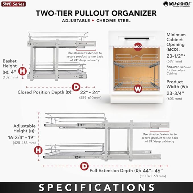 Rev-A-Shelf Pullout Organizer for Cabinets, Min Opening Width of 24" | Two-Tier Steel Shelf for Kitchen or Vanity Cabinet Organization, Heavy Gauge Wire Slide Out Storage Basket, 5WB2-2422-CR-1