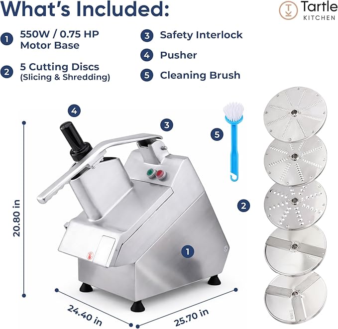 Tartle Kitchen 550W Electric Vegetable Chopper - Commercial Food Processor with Continuous Feed, Dual Feed Openings, 5 Discs for Slicing, Shredding, & Grating - Restaurant-Grade, NSF & ETL Certified