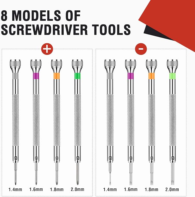 Chumia 8 Pieces Precision Watch Screwdriver Set, 1.4-2.0 mm Micro Jewelers Repair Screwdriver Set for Eyeglasses Jewelry Work, Electronics Repair(Flathead, Phillips)