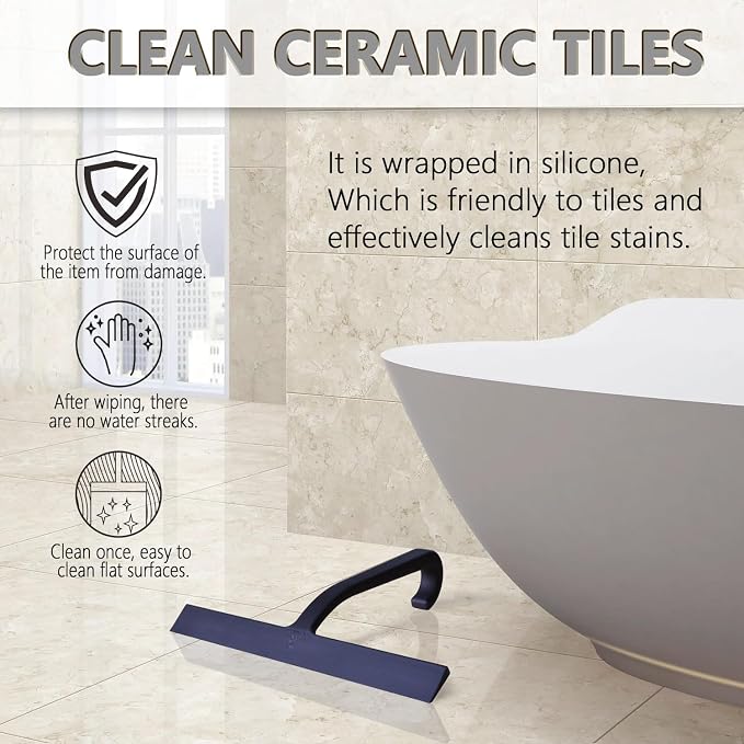 Shower Squeegee for Glass Doors – 10" Silicone Squeegee with Built-in Hook, One-Piece Seamless Design, Streak-Free & No-Scratch Window Cleaner for Bathroom, Mirrors & Tiles (Black)