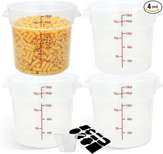 BIEAMA 4 Pack 18 Qt Round Food Storage Containers with Lids, Translucent PP | Include lids, labels, measuring cups and containers with capacity markings for food prep, pantry storage and dough proofing.