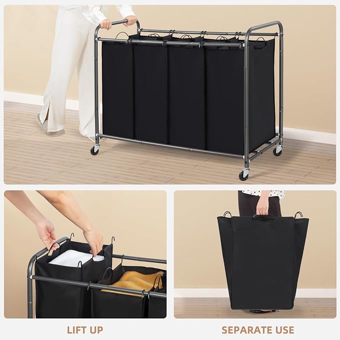 STORAGE MANIAC Laundry Sorter 4 Section, 47.5 Gal (180 L) Laundry Hamper with Wheels, Clothes Divider Basket Sorter, Separator Hamper Cart with Removable Bags, Black