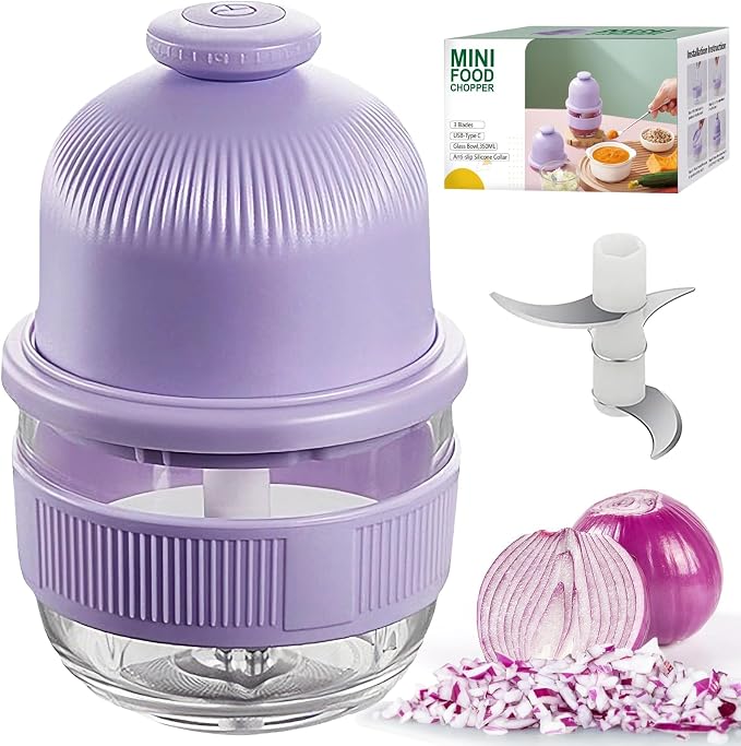 Cordless Food Processor, 350ml Glass Bowl Mini Garlic Chopper Wireless, Battery Operated Electric Food Chopper, Small USB-C Rechargeable Vegetable Meat Blender Grinder, Portable Kitchen Mixer (Purple)