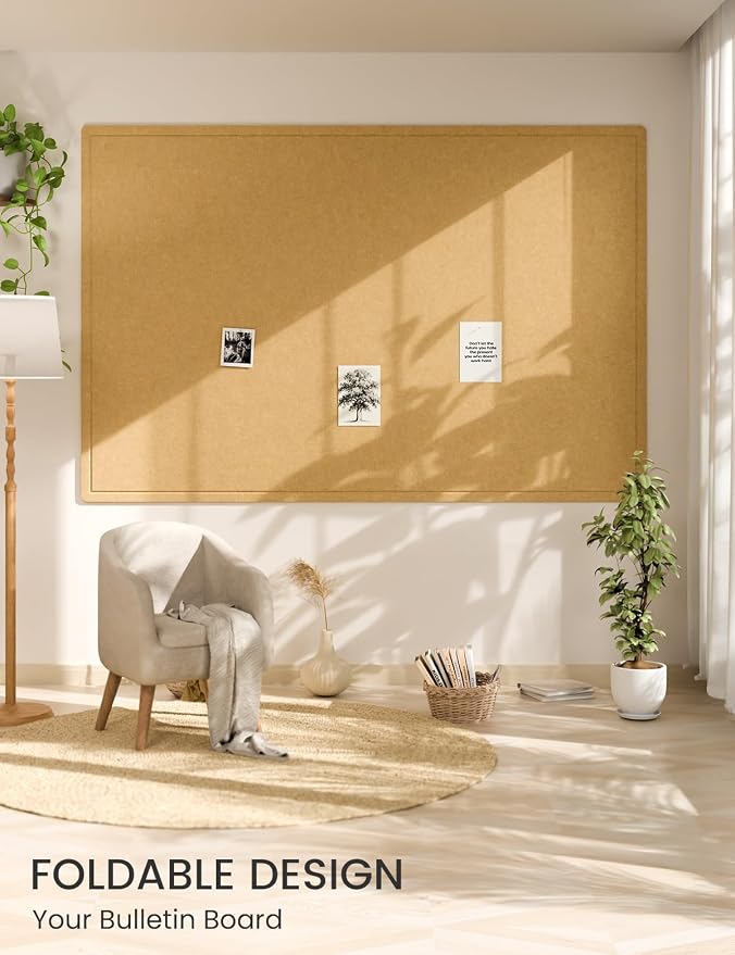 Fluxynara 70.8" x 47.2" Large Bulletin Board, Mustard Yellow | Cork Board Alternative with 48 Removable Adhesive Tabs, Foldable Felt Pin Board for Home, Office, Classroom & Dorm