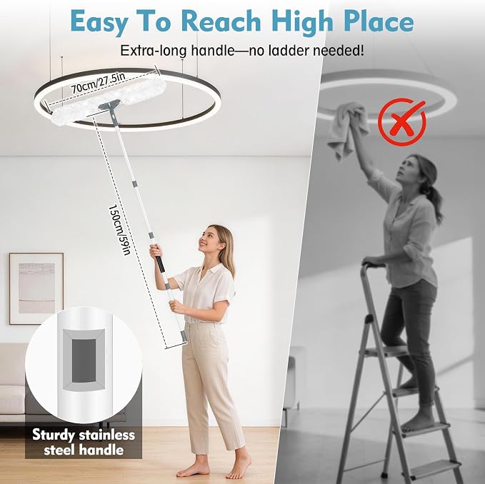 Microfiber Ceiling Fan Cleaner Duster with Extension Pole 59" | 360° Adjustable Head/ Washable/27.5 inch Wide Long Duster for Cleaning Ceiling Fan/High Ceiling/Wall/Blinds/Furniture/White