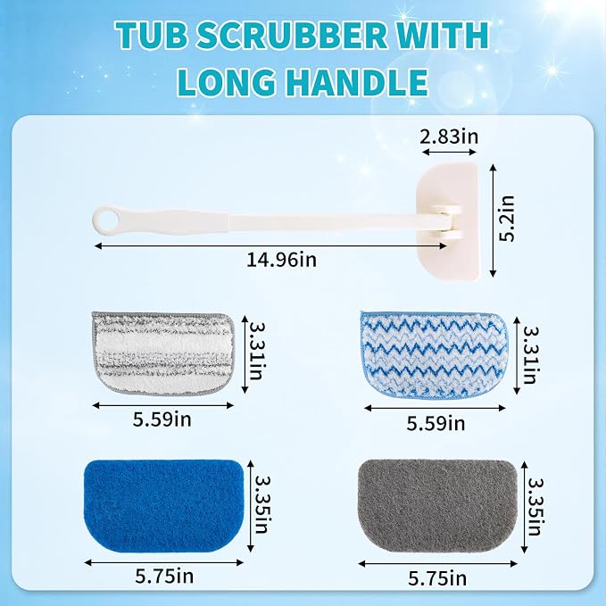Tub Brush Scrubber with Long Handle, Durable Tub Scrubber with 4 Versatile Cleaning Heads, No-Scratch, Powerful Deep-Clean Tile Scrubbers, for Shower Bathroom Kitchen Bathtub Toilet