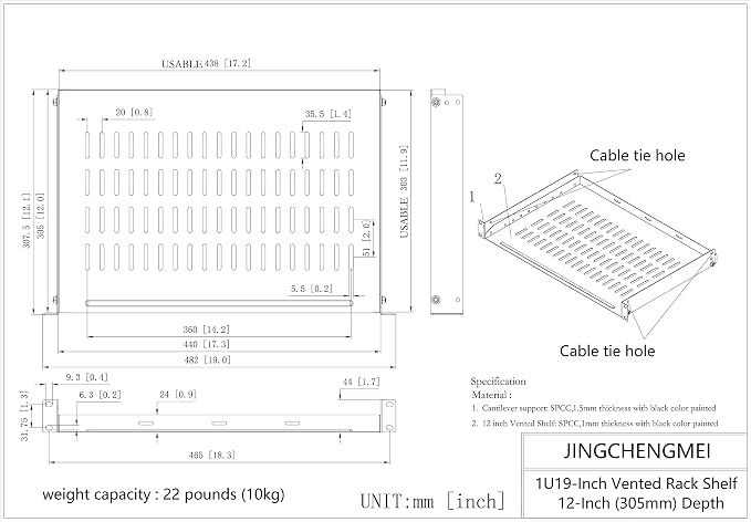 1U Vented Rack Shelf Universal Rack Tray No Lip 12 inch Depth | for 19 Inches Network Cabinet or Server Rack, Metal, Disassembled (12 Inches Deep)