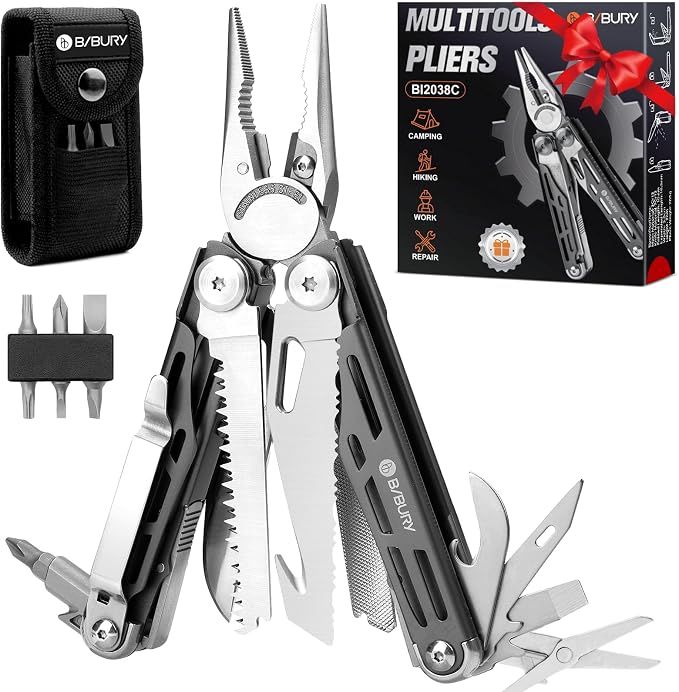 BIBURY 22-in-1 Titanium Plated Multitool Pliers with Scissors,Self-locking | Stainless Steel Foldable EDC Multi tools Pliers with Sheath for Outdoor Hunting Survival Camping Simple Repair