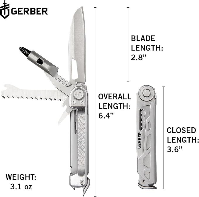 Gerber Armbar Trade EDC Pocket Knife Multitool with Bottle Opener, Silver | Compact EDC multitool, includes blade, pry bar, hammer, 2.5" plain edge blade, 8-in-1 pocket tool, lightweight