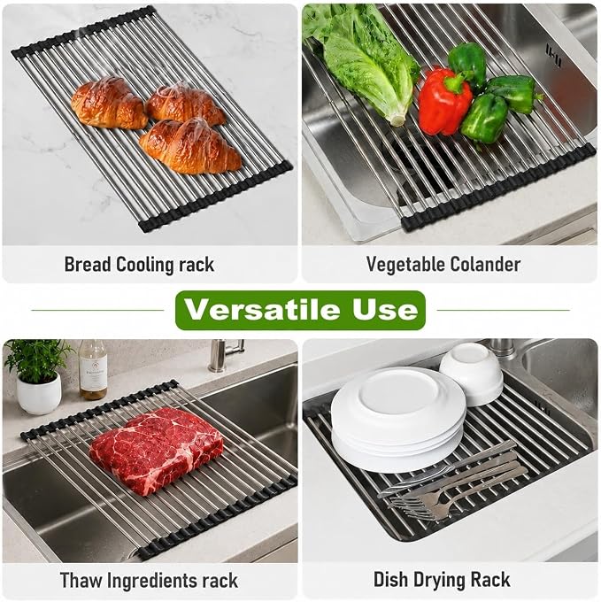 CHIRISEN Expandable Roll Up Dish Drying Rack Over the Sink Drying Rack for Kitchen Counter, Large Stainless Steel Dish Drainer Over Sink Dish Drying Rack Foldable, Collapsible, 21.14''x12'', 18Tube
