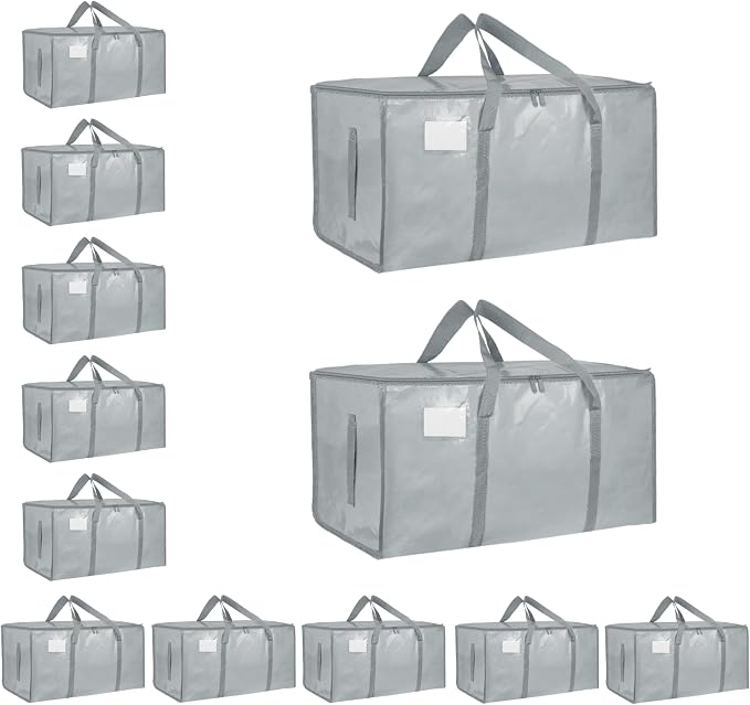 12 Pack-Extra Large Heavy Duty Moving Bags - Waterproof Storage Totes with Handles & Zippers, Foldable for College Dorm, Storage (light gray)