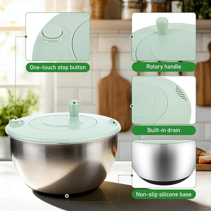 3 in 1 Stainless Steel Salad Spinner, 4.2 QT Large Vegetable Dryer Lettuce Spinner with 5 Blade Slicer Non Slip Base, for Kitchen Salad Vegetables