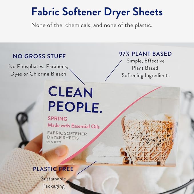 The Clean People Fabric Softener Dryer Sheets - Softens & Removes Static Cling - Vegan - Made with Essential Oils - Spring Scent, 120 Sheets