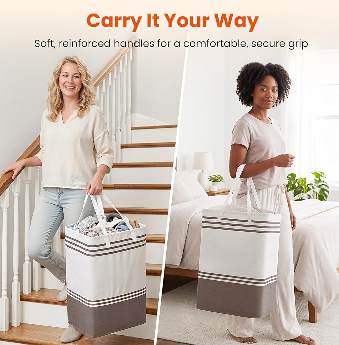 TranquilRelax 3-Pack Laundry Basket, Laundry Hamper, Khaki-75L | Freestanding＆Water-Resistant Laundry Hamper, Collapsible Tall Clothes Hamper with Carry Handles for Clothes, Laundry Basket