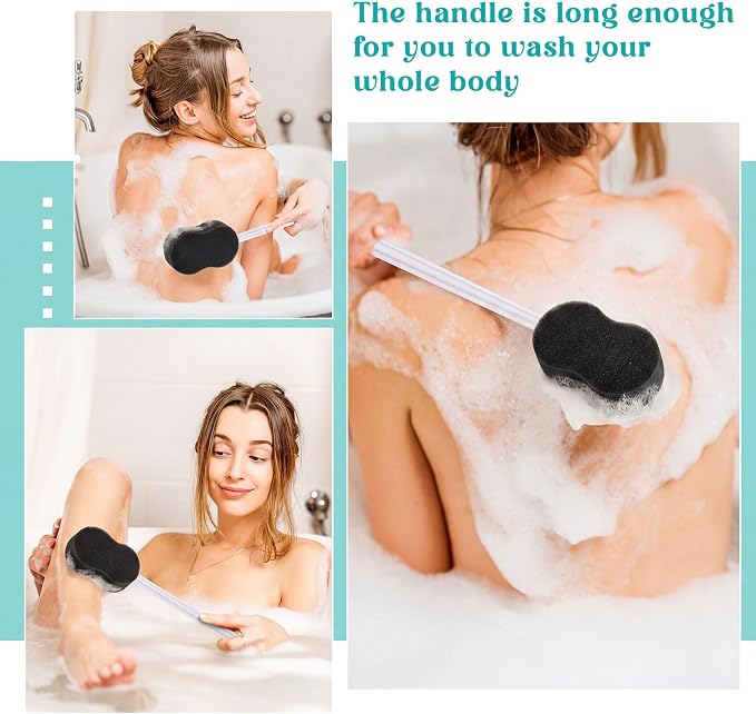 3 Pcs Long Handle Bath Sponge 22.4'' Back Sponge on a Stick Lightweight Back Washer Handled Butt Scrubber Shower Brush for Foot Body Cleaning Bathing Limited Motion (Black)