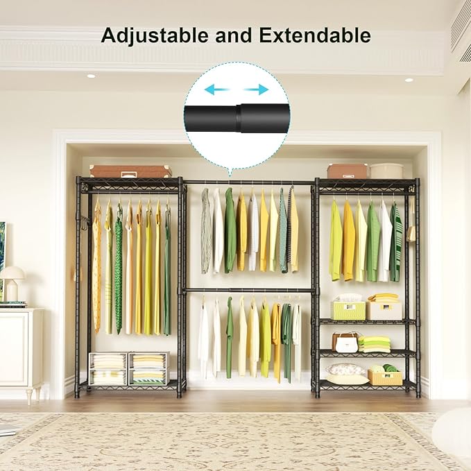 Ulif E1 Heavy Duty Closet Garment Rack, 6 Tiers Adjustable Metal Freestanding Expandable Clothing Storage with 4 Hanger Rods, Easy to Assemble Wardrobe Suit for 70 to 88.2" Space, 14"D x 71.4"H, Black