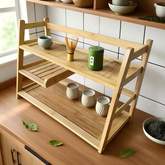 3 Tier Bamboo Matcha Station, coffee station organizer Shelf | for Kitchen Countertop, Tea Bar - Matcha Powder, Tools & Cup Organizer for Matcha Lovers, Home Baristas.