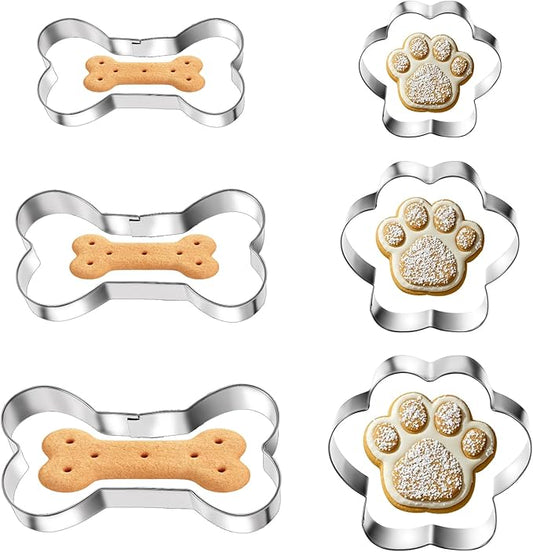 6 PCS Bone and Dog Footprints Cookie Cutters Set 3 Sizes Stainless Steel Dog Bone Cookie Cutter DogsTreat Cutters Dogs Shaped Cookies Cutter for Homemade Baking Theme Party Cat Homemade Treats Silv