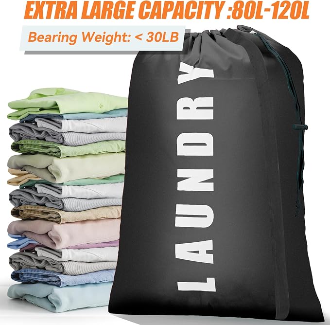 Heavy Duty Laundry Bag with Strap,2 Pack Travel Laundry Bags for Dirty Clothes,24" x 36" Large Laundry Bag for Traveling,Camping,Dorm (Black+ Gray)