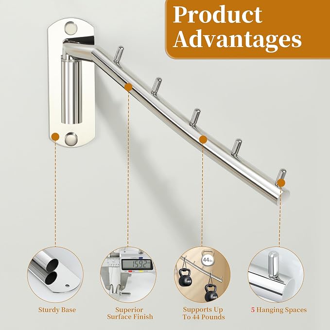 Alise Wall Mounted Drying Rack,Swivel Clothes Drying Hangers,Chrome,2 Pcs | Space Saving Clothes Rack,Heavty Duty Stainless Steel Clothes Wall Drying Rack for Laundry Closet Bathroom