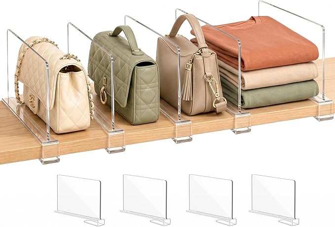 SortNStore Shelf Dividers Purse Organizer for Closet: 6-inch Tall(Shorter Version) Acrylic Handbag Organizer - Small Space Separator for Clutches Evening Bags Pouches Mini-Bags on Wood Shelves 4-Pack