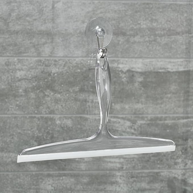 iDesign Plastic Bath Squeegee for Glass with Suction Hook Holder – 12", Clear
