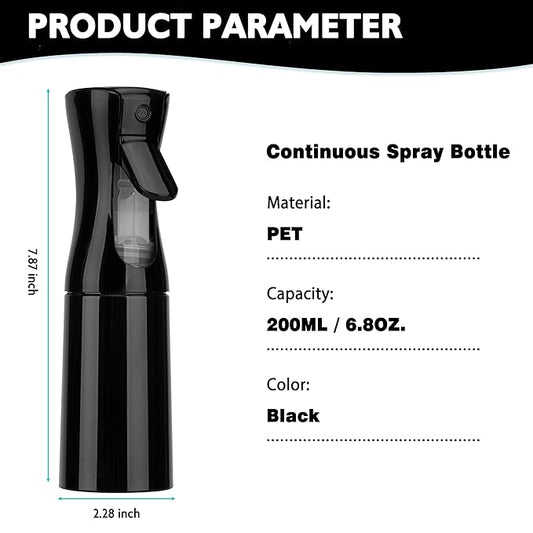 Spray Bottle for Hair (6.8OZ /200ML) Continuous Ultra Fine Mist Sprayer for Hair, Salons, Barber, Plants, Skin Care, Cleaning 2 Pack Black