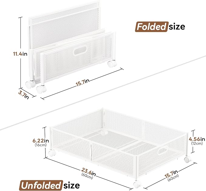 PHINOX Under Bed Storage with Wheels & Handle,Sturdy Metal,2 Pack,White | Tool-free assembly, glide smoothly, easy reach, foldable, maxmazie low-profile beds, dorm, keep seasonal clothes, shoes fresh