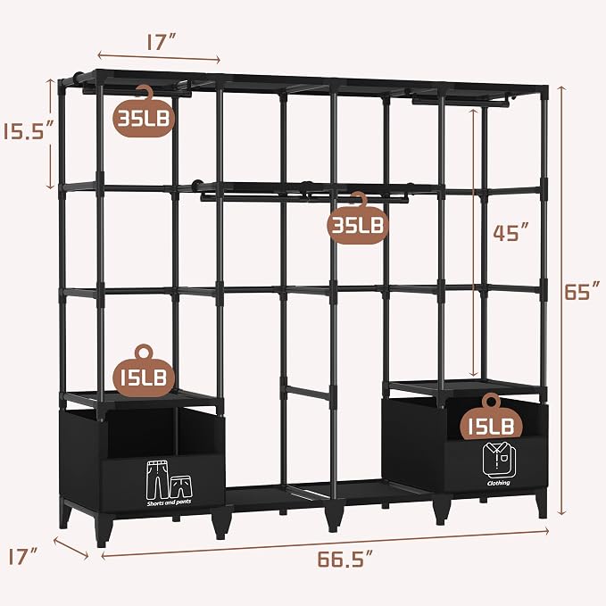 LOKEME Portable Closet,Sturdy Stable Large Capacity Wardrobe Closet,Clothes Rack with Shelves,2 Folding Areas,6 Storage Areas,4 Hanging Areas,Suitable for Bedrooms and Dormitory,66.5in Black
