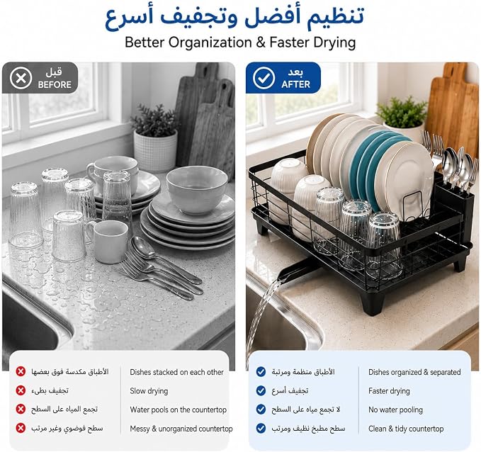 Dish Drying Rack, Black | Space-Saving Metal, Rust-Resistant, Utensil Holder, Compact Drainer Organizer