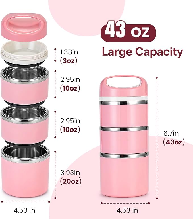 Lille Home Stackable Stainless Steel Thermal Compartment Lunch/Snack Box, 3-Tier Insulated Bento/Food Container with Lunch Bag and Three Extra Seals, 43OZ (Pink)