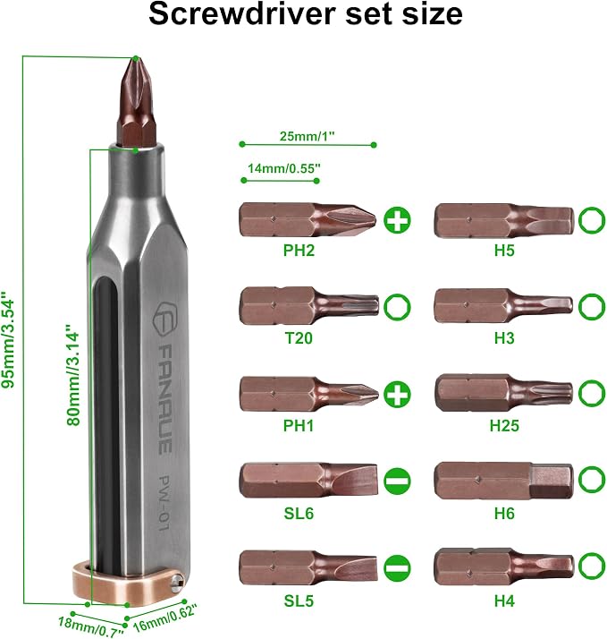 FANAUE Titanium Small EDC Multi Bit Pocket Screwdriver, Professional Grade Magnetic Repair Tool Kit, 10 in 1 Mini Precision Screwdriver Set Magnetic Repair Multitool for Daily Home Improvement Use.