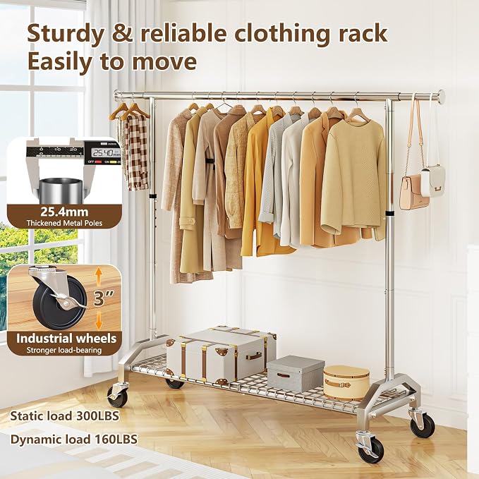 Wiracks Clothes Rack for Hanging Clothes 350lbs Heavy Duty Clothing Rack 51 to 71" W x 16.53" D x 65" to 71" H Adjustable Rolling Clothes Rack Coat Rack Garment Rack 3" industrial Wheels Silver