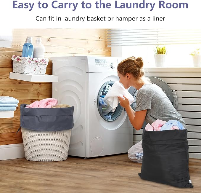 OTraki 2 Pack Large Laundry Bag 28x45 Inch Heavy Duty Laundry Wash Bag | Laundry Basket Liner Bags Hamper Bag Dirty Clothes Organizer with Drawstring Closure Drying Do Not Exceed 176℉, Grey&Black