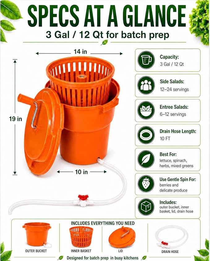 Commercial Salad Spinner - 3 Gallon Large Capacity Lettuce Dryer with 10 Ft Drain Hose & Stop Valve, 12Qt Manual Vegetable Spinner for Restaurants, Catering and Meal Prep