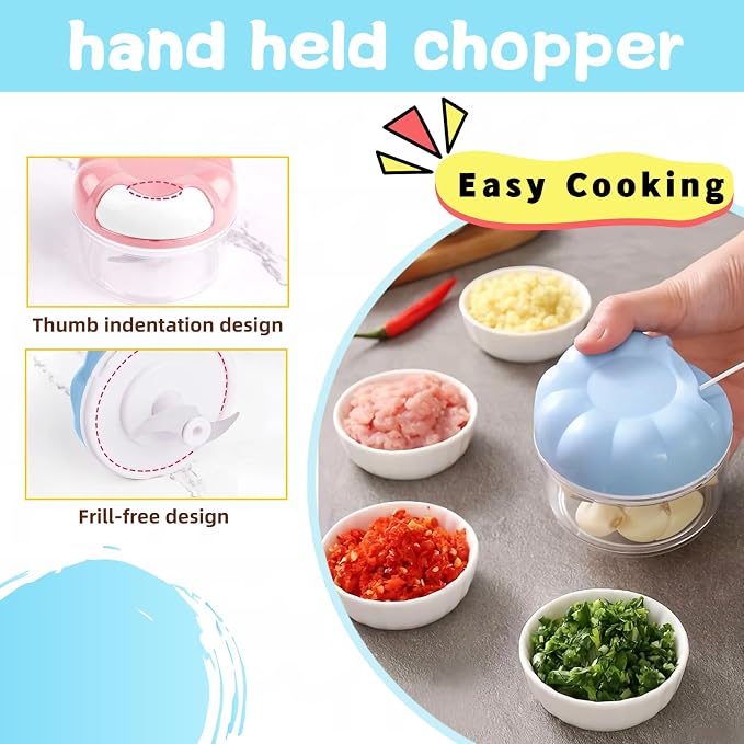 Mini Manual Food Processor Vegetable Chopper,Portable Hand Pull String Onion Chopper for Veggies, Fruits, Garlic, Nuts, Herbs, Ice cube,Cooking Gadgets & Kitchen Essentials,160ml (Blue)