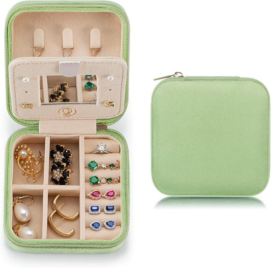 TRODANCE Plush Velvet Travel Jewelry Case Organizer, Small Travel Jewelry Box,Portable Jewelry Box Travel Mini Organizer Portable Display Storage Box For Rings Earrings Necklaces (Grass Green)