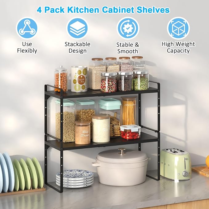 15.5 to 25.5 Inch Kitchen Cabinet Shelf Organizers, Adjustable Kitchen Counter Shelf Organizer, Set of 4 Expandable Countertop Storage Shelves, Stackable Design, 30LBS Heavy Duty, Space Saver
