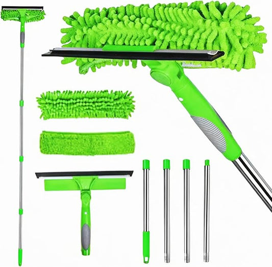 68'' Window Squeegee Cleaner Kit - 2-in-1 Rotatable Window Cleaning Tool with Extension Pole, Professional Streak-Free Squeegee with Bendable Head for Indoor/Outdoor Windows Car Glass (Green, 38.45FT)