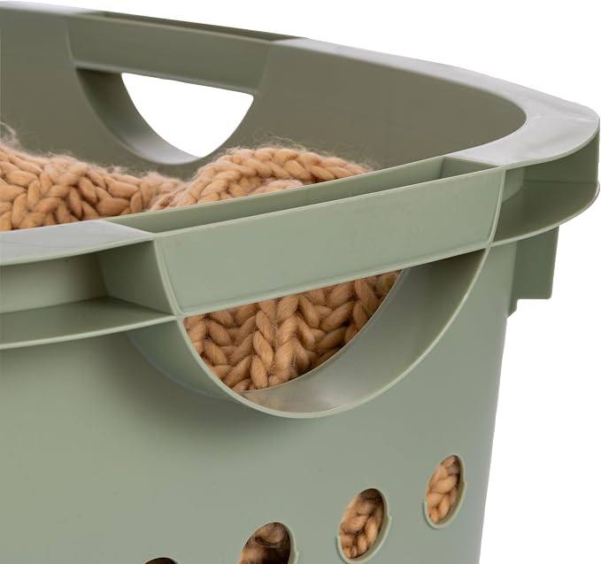 IRIS USA Laundry Basket, 51L Plastic Hip Hold Hamper, 4 Pack, Sage Green | Lightweight ventilated laundry basket with hip-hold handles for everyday clothes, towels, and bedding.