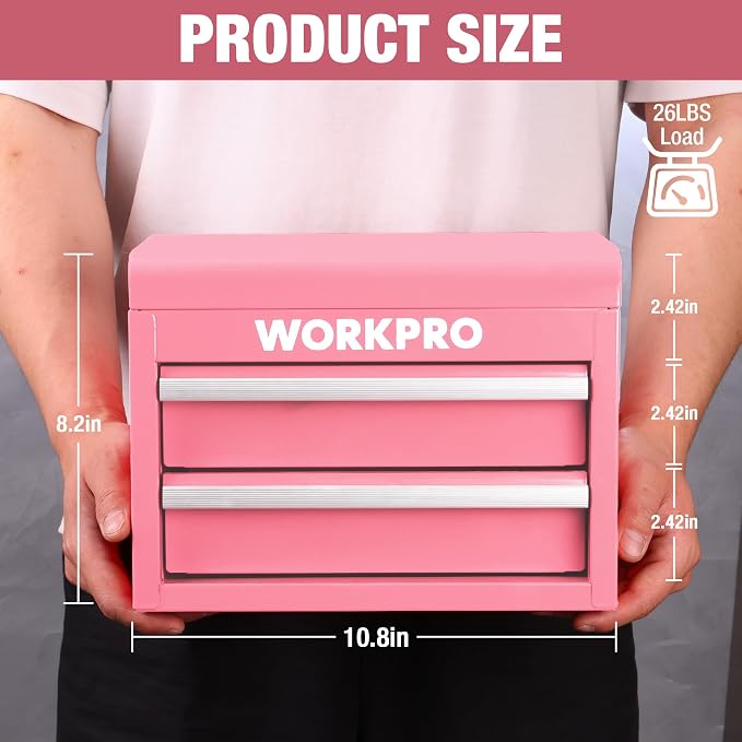 WORKPRO Metal Mini Tool Box with 2 Drawers and Top Storage | Cold Rolled Steel Toolbox, Ball Bearing Slides, PVC Drawer Liners, PP Feet Pads, Durable Storage